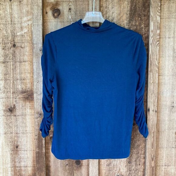 As Is" Dennis Basso Slate Blue Soft Touch Mock Neck Top with Ruched Sleeves - Picture 3 of 8